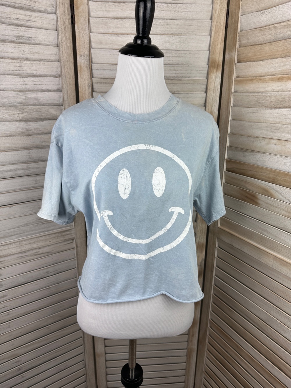 Organic Generation 90s Y2K Vibes Blue Smiley Face Crop Fitted Tee Small